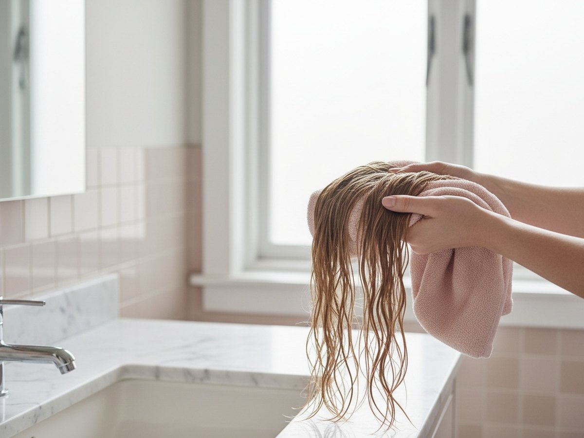 Séchage doux des cheveux par tamponnage avec une serviette en microfibre