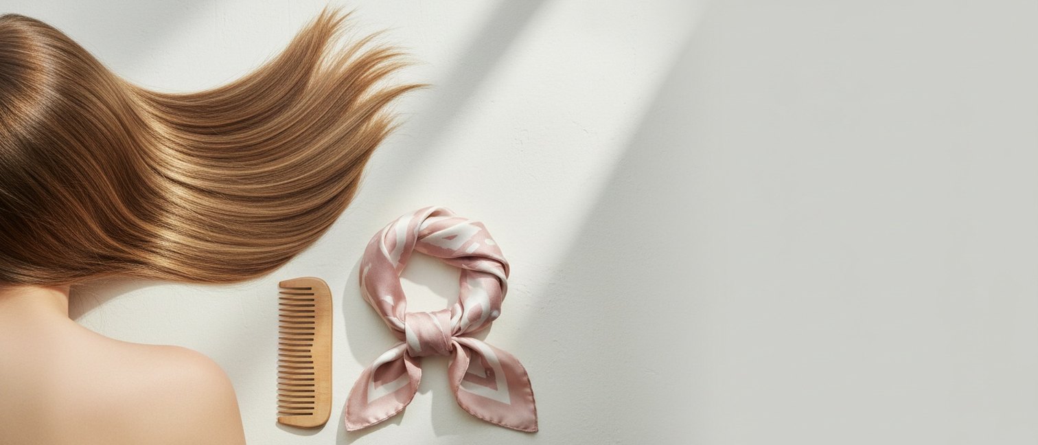 Chevelure lisse et disciplinée avec peigne en bois et foulard en soie
