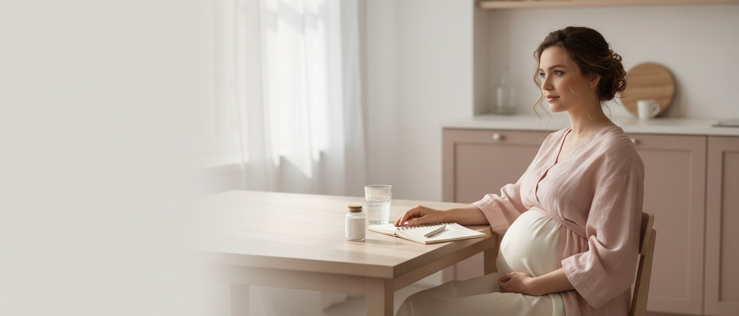 Femme enceinte à sa table de cuisine avec un verre d'eau et un flacon de compléments