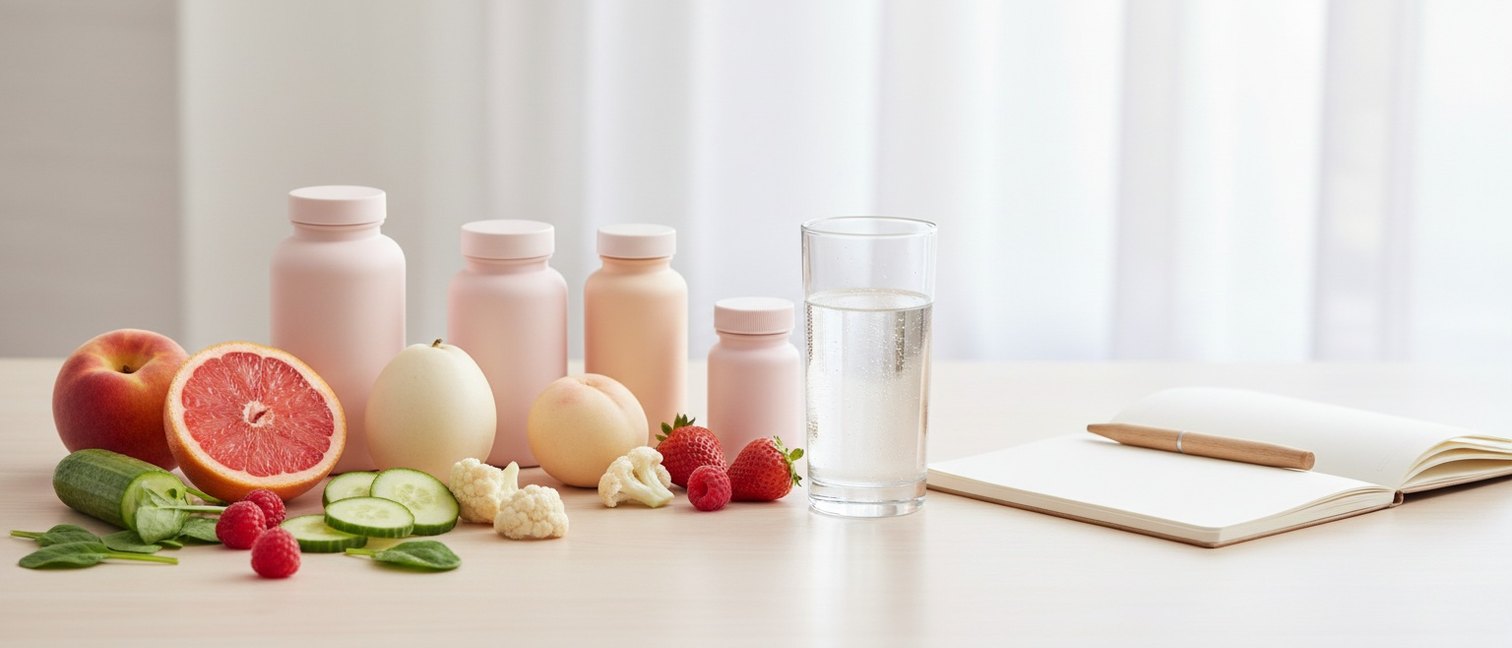 Compléments alimentaires entourés de fruits et légumes frais sur une table en bois.