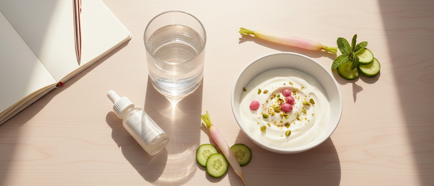 Gel probiotique et aliments riches en fibres sur une table