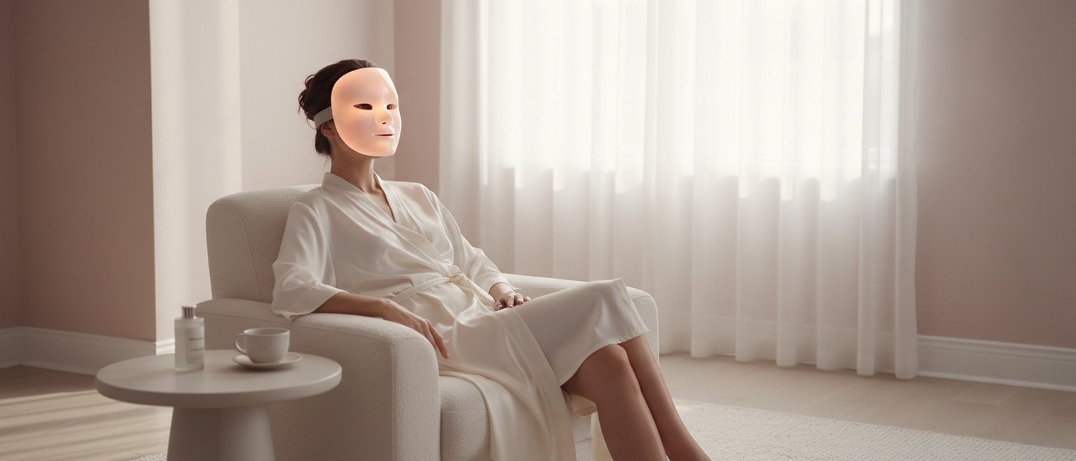 Femme détendue portant un masque de luminothérapie LED