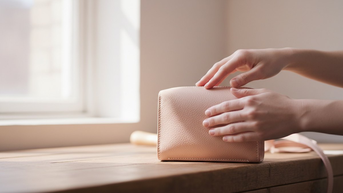 Hände prüfen die Oberfläche einer kleinen Ledertasche