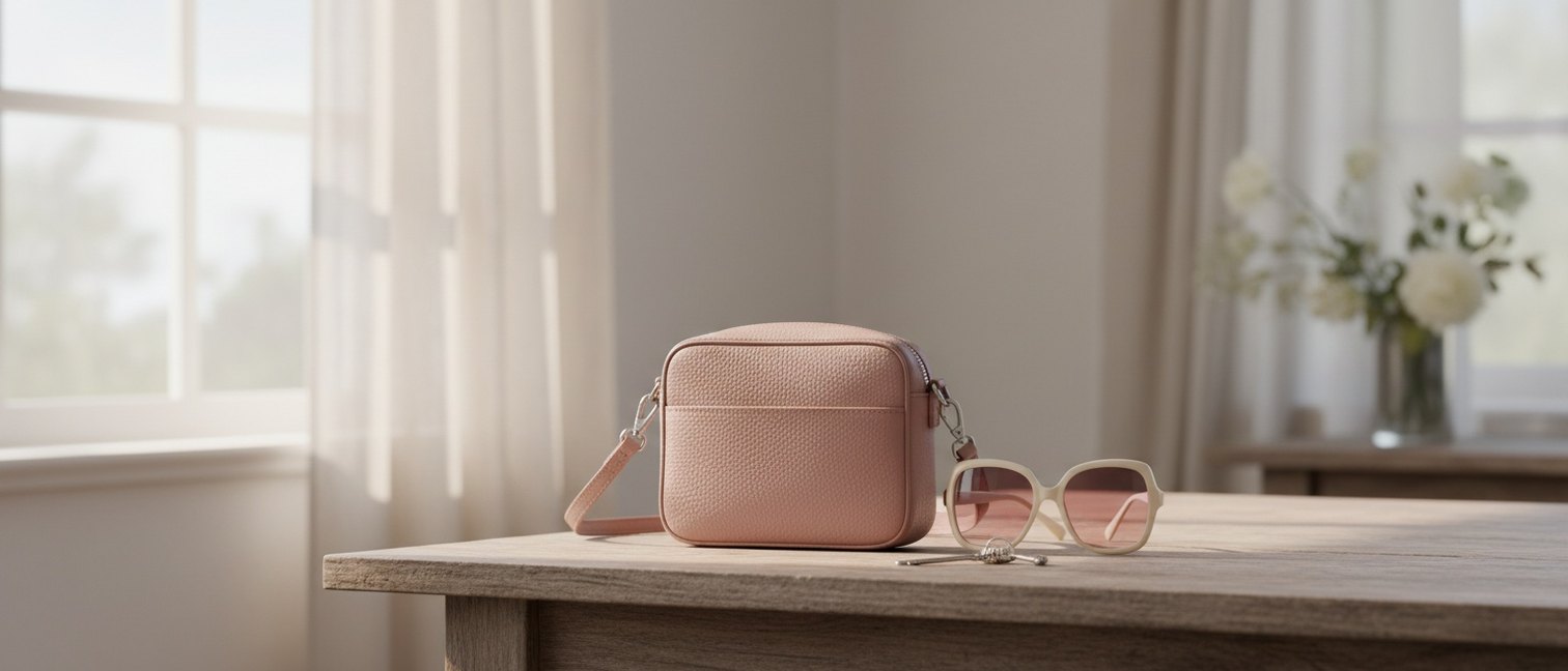 Petit sac en cuir posé sur une table en bois avec des accessoires